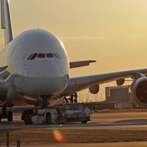 A380 is being towed A380 ist being towed at the airport at sundown