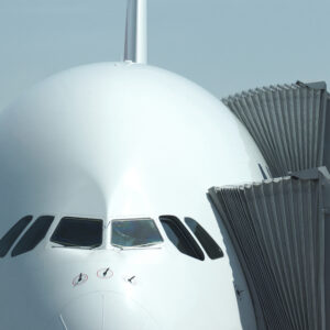 Front view of the cockpit of an A380 at the gate